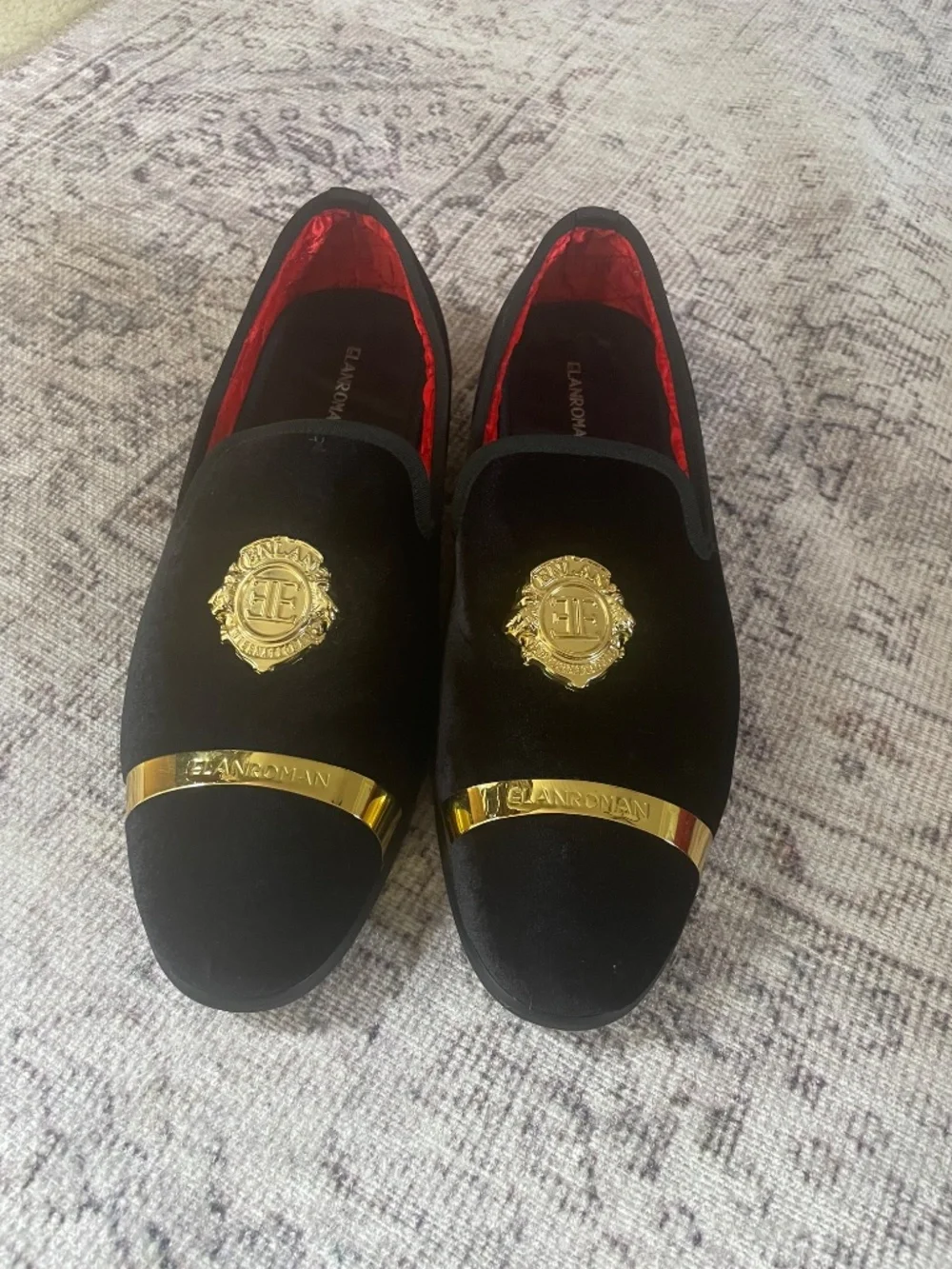 Elanroman Men’s Black Velvet  Gold Crest Luxury Dress Shoes size EU 44/US 11